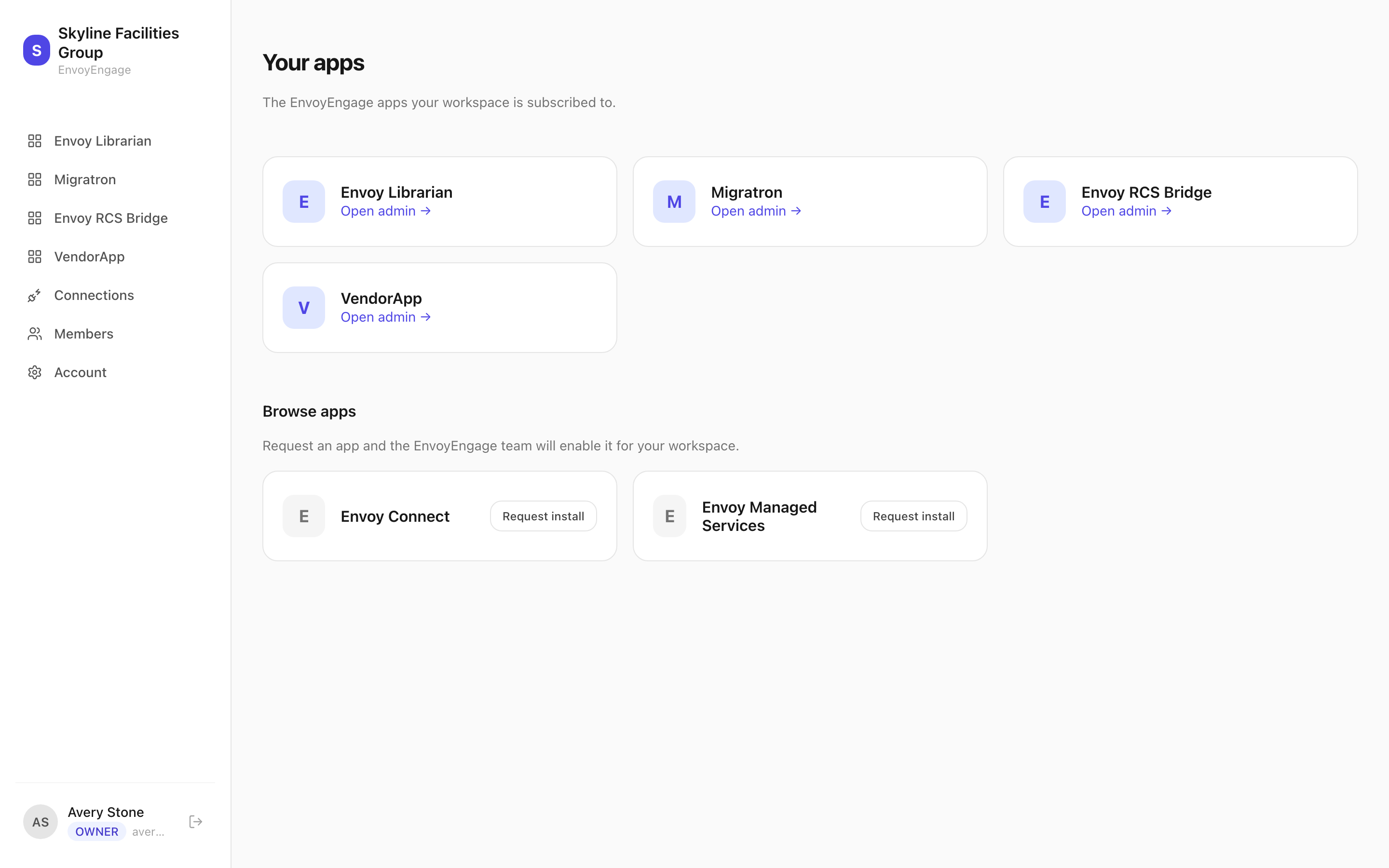 The EnvoyEngage workspace home listing the installed apps and a catalog of apps available to request, with Connections, Members and Account in the sidebar.