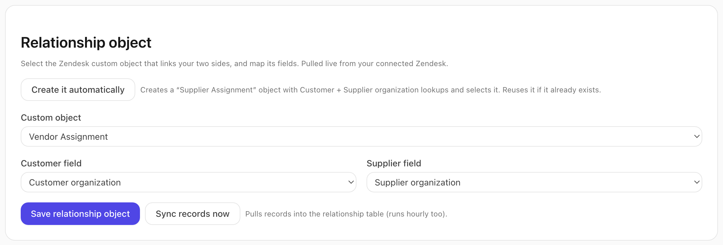 The Relationship object panel against a connected Zendesk, with the custom object chosen and an organization lookup field mapped to each side.