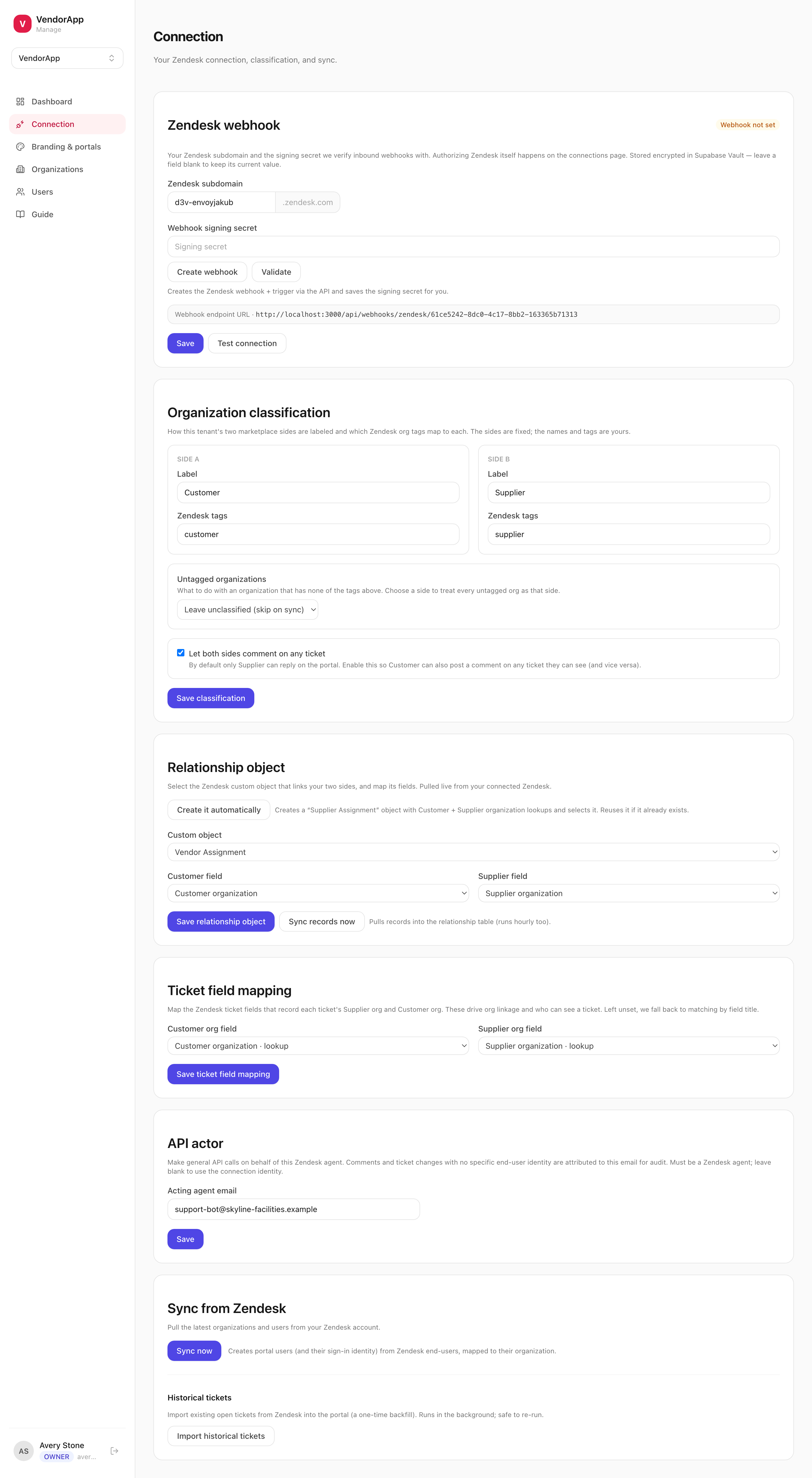The full Connection page: Zendesk webhook, Organization classification, Relationship object, Ticket field mapping, API actor, and Sync from Zendesk.