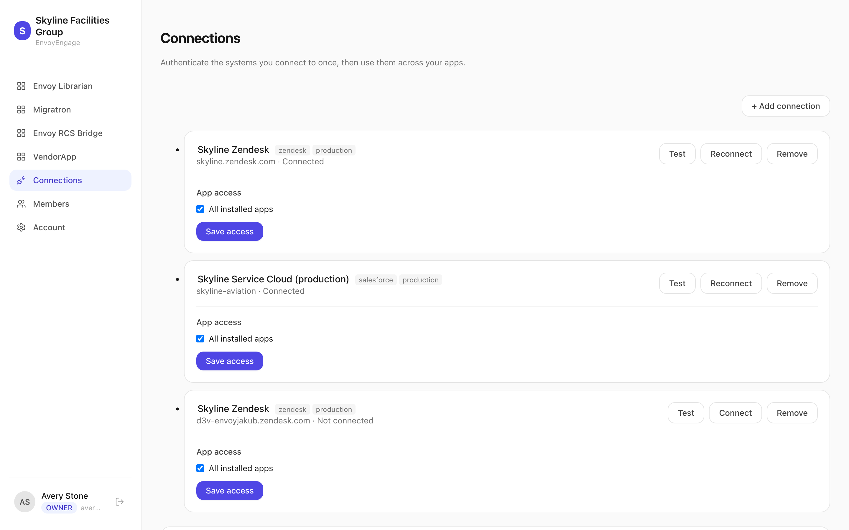 The workspace Connections page showing authorized Zendesk and Salesforce connections, each with Test, Reconnect and Remove buttons and an App access section, above a Connection requests panel.