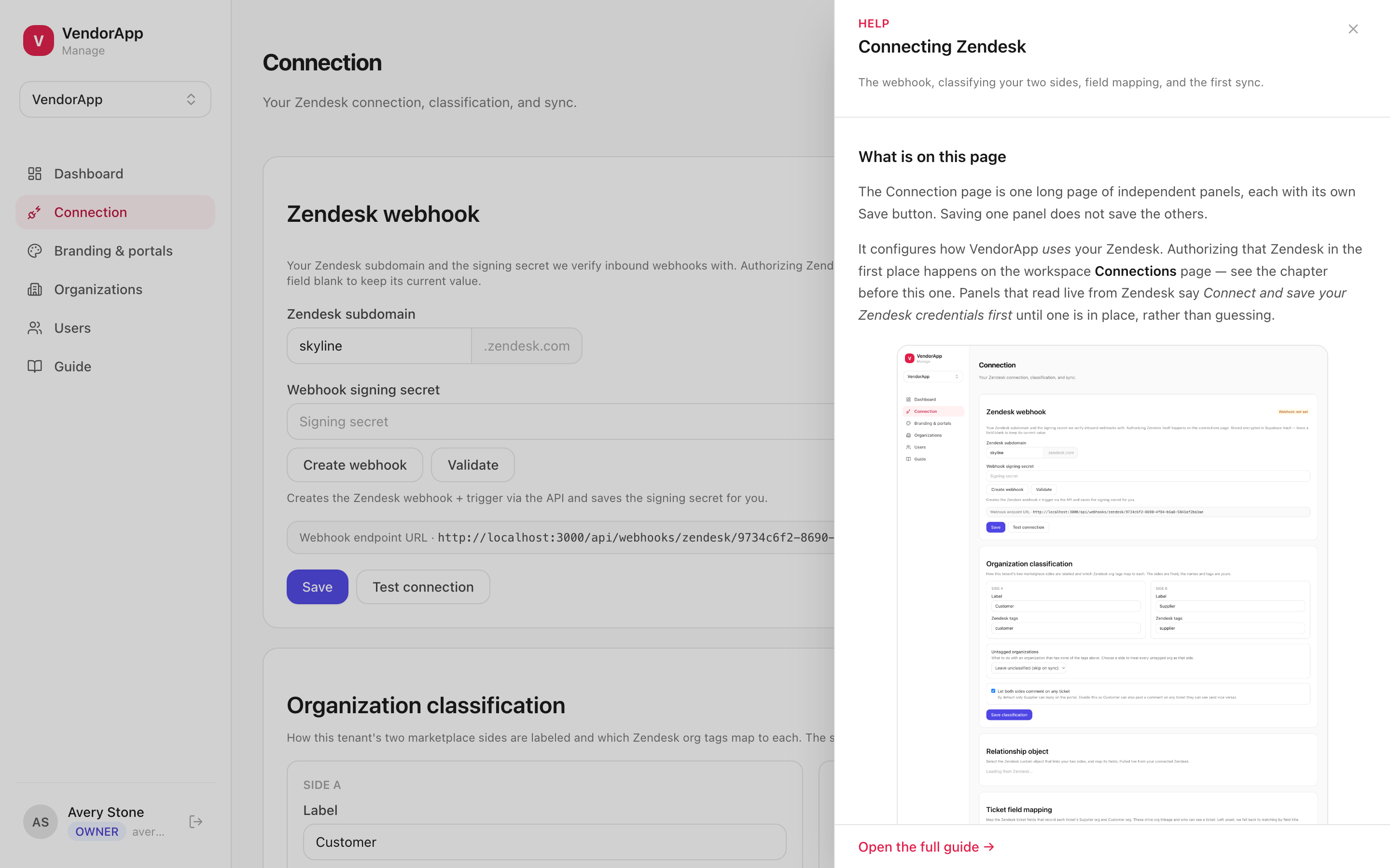 The Connection page with the contextual help drawer open on the Connecting Zendesk chapter.