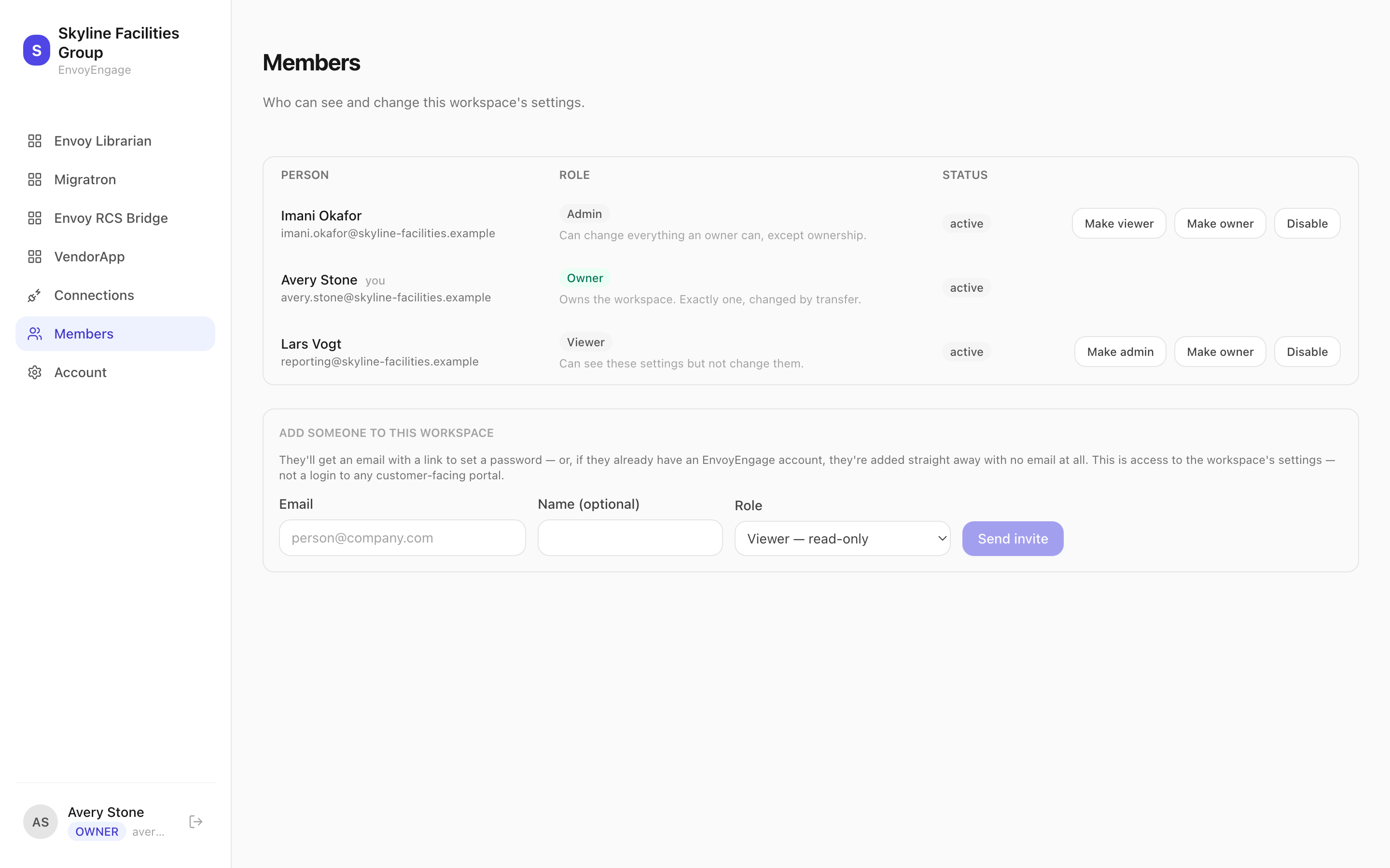 The Members page listing workspace members with their role and status, and the control to invite a new member.