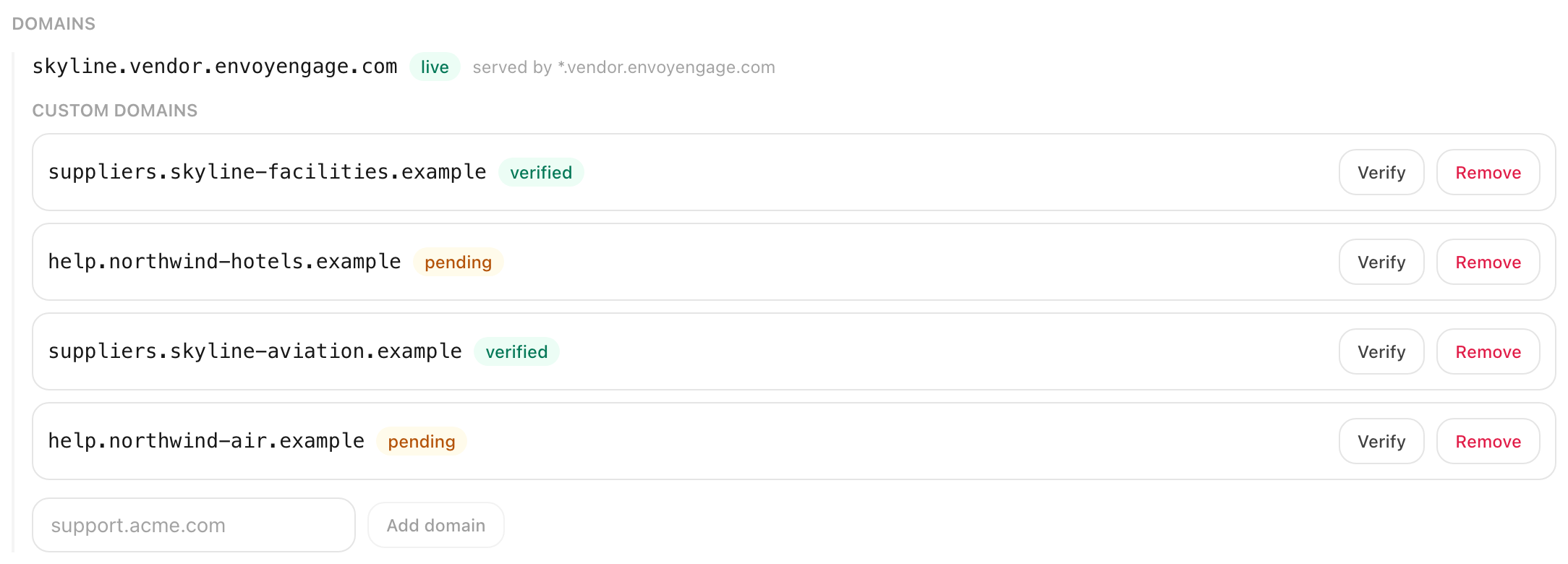 The Domains panel showing the portal's own subdomain marked live, one verified custom domain and one pending, each with Verify and Remove.