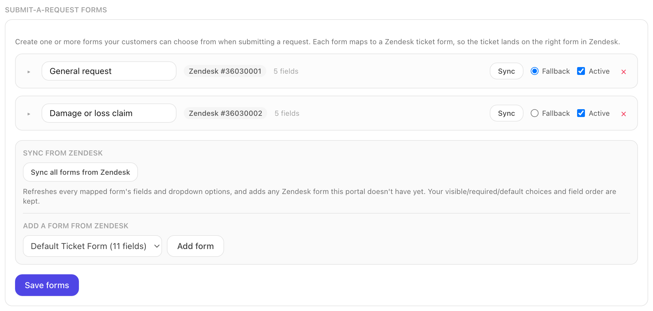The Submit-a-request forms panel listing two forms with their mapped Zendesk form ids, field counts, per-form Sync buttons, and Fallback and Active toggles, above the sync and add controls.