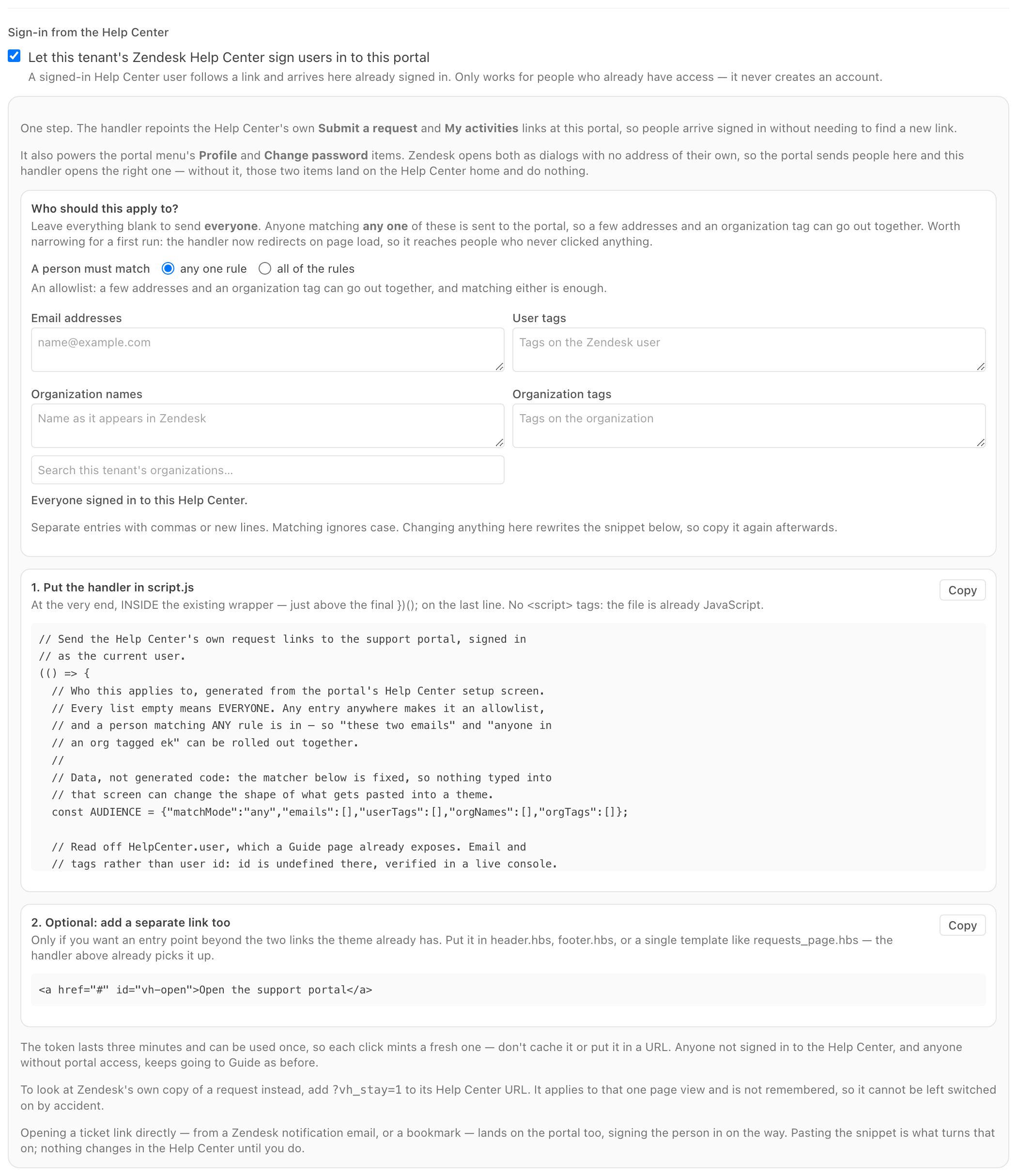 The Help Center sign-in panel: the enable checkbox, the audience rules with match mode and four lists, and the two snippets to paste into the Guide theme with copy buttons.