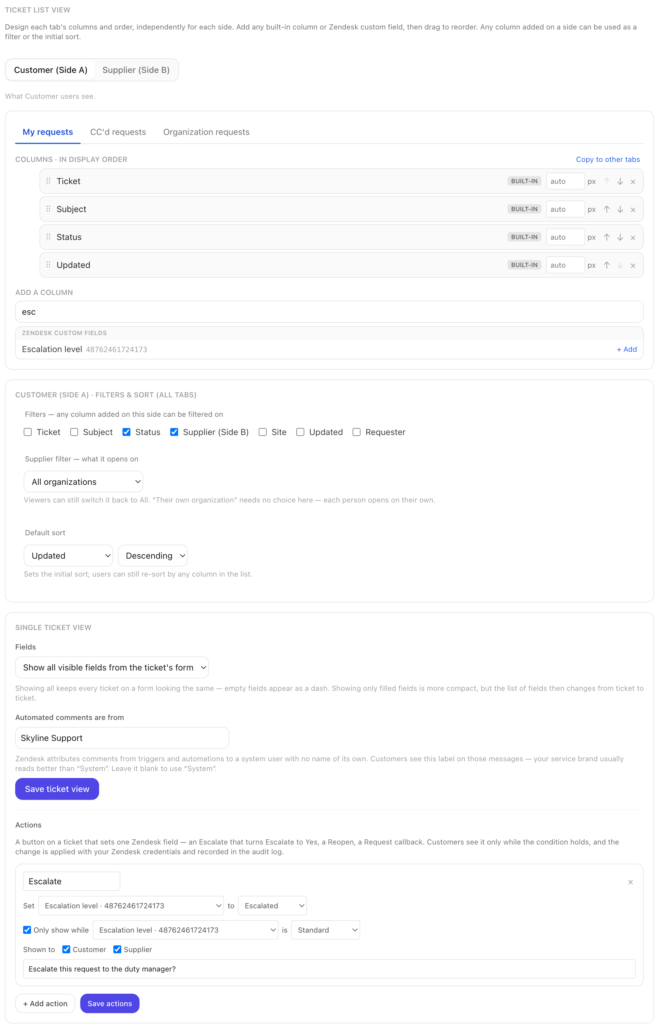 The Ticket list view designer: a side tab, the three list tabs, the ordered column list with type badges and width controls, the column picker, filters, the organization filter preset, default sort, and the single-ticket view settings.
