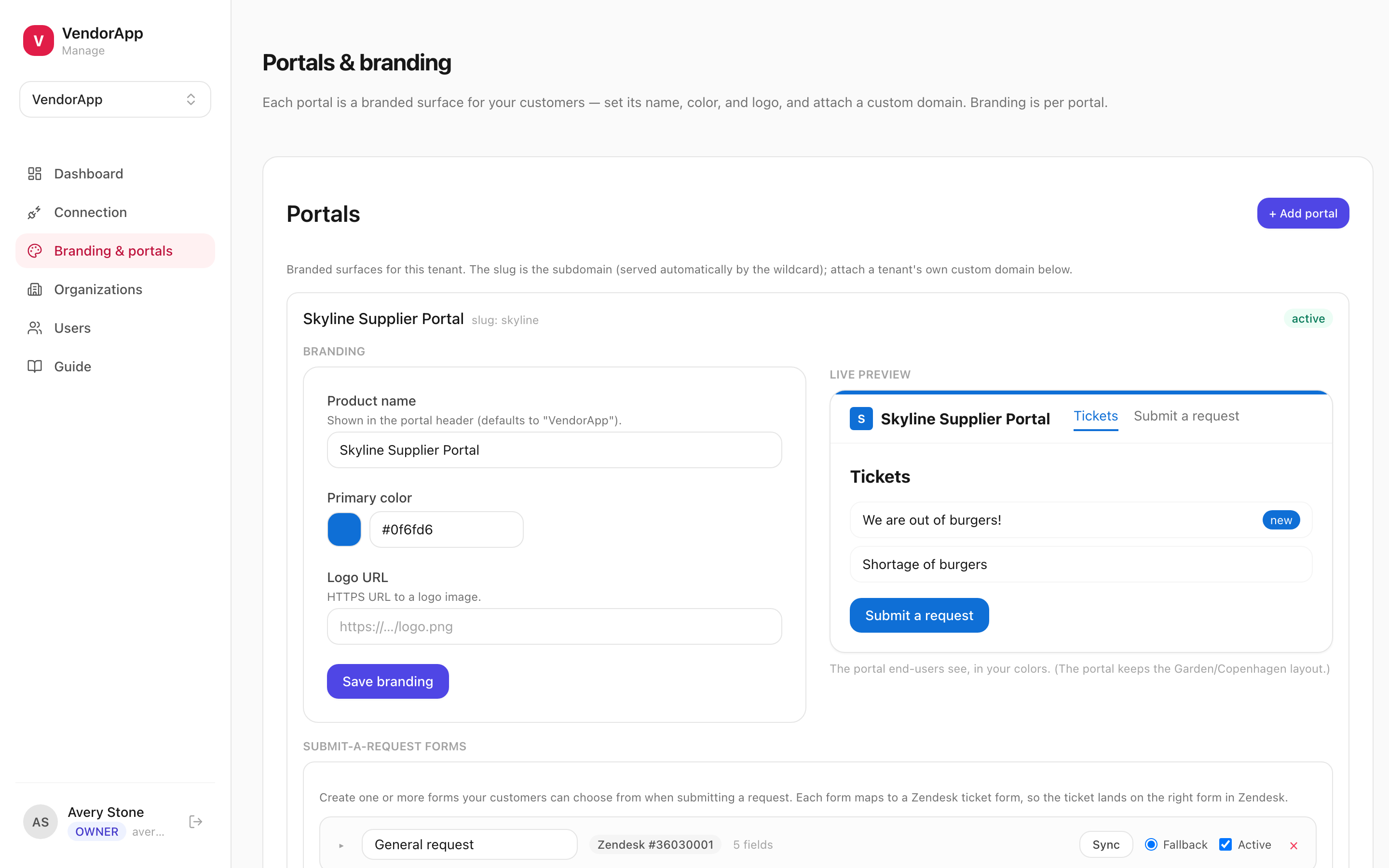VendorApp's branding and portals screen