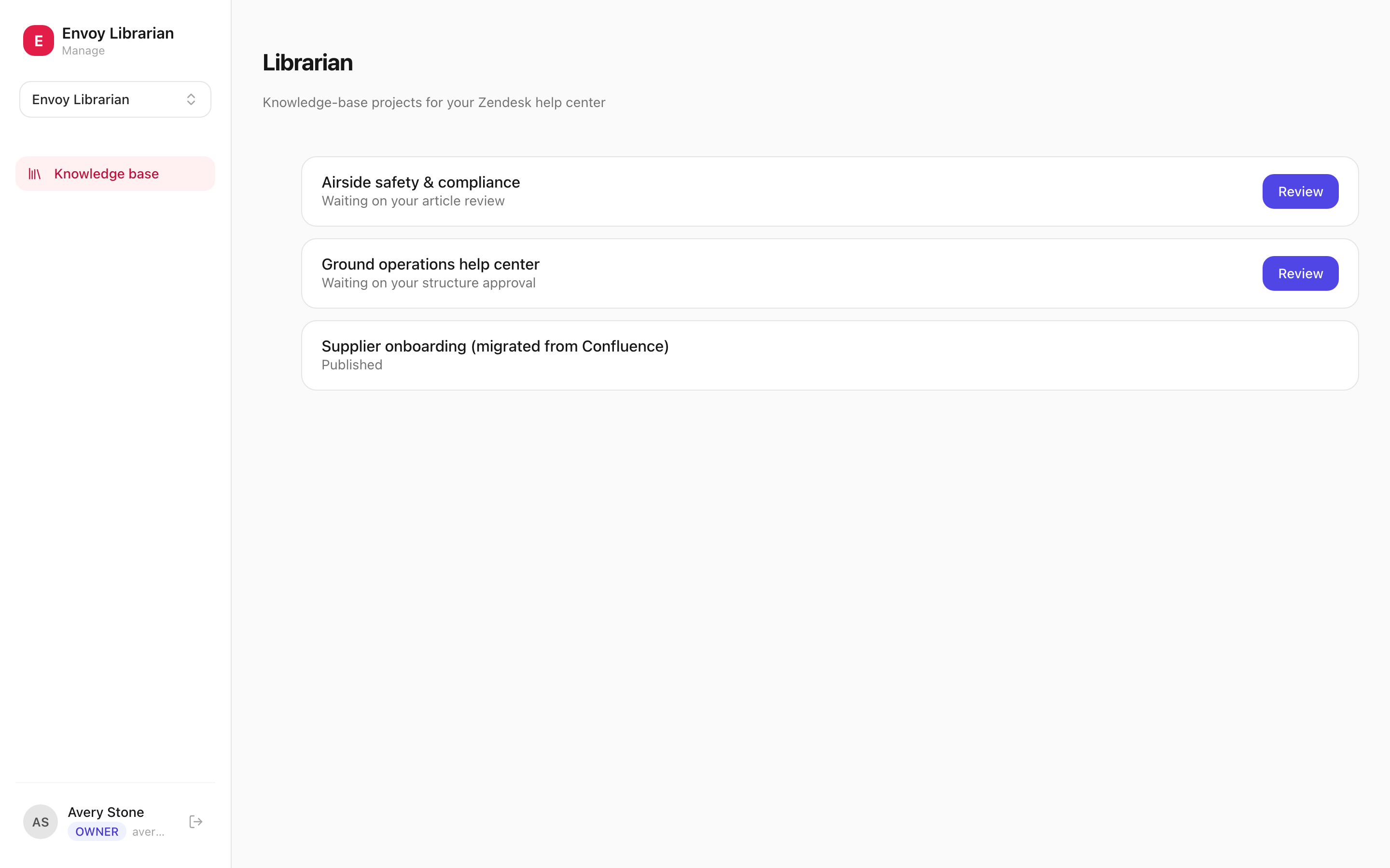 The Librarian knowledge-base overview listing jobs and their status