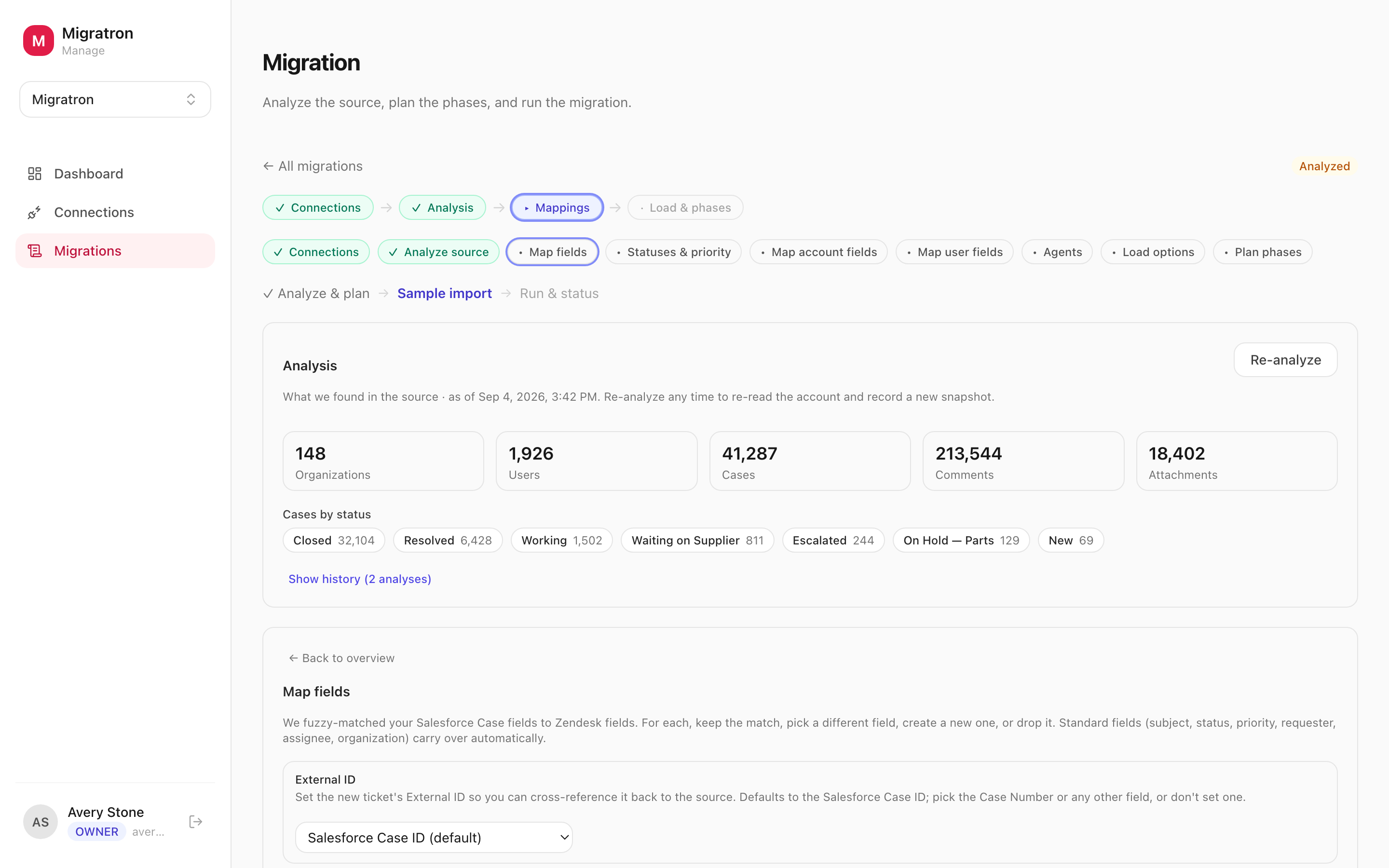 Migratron's analysis stage, showing what was discovered in the source system