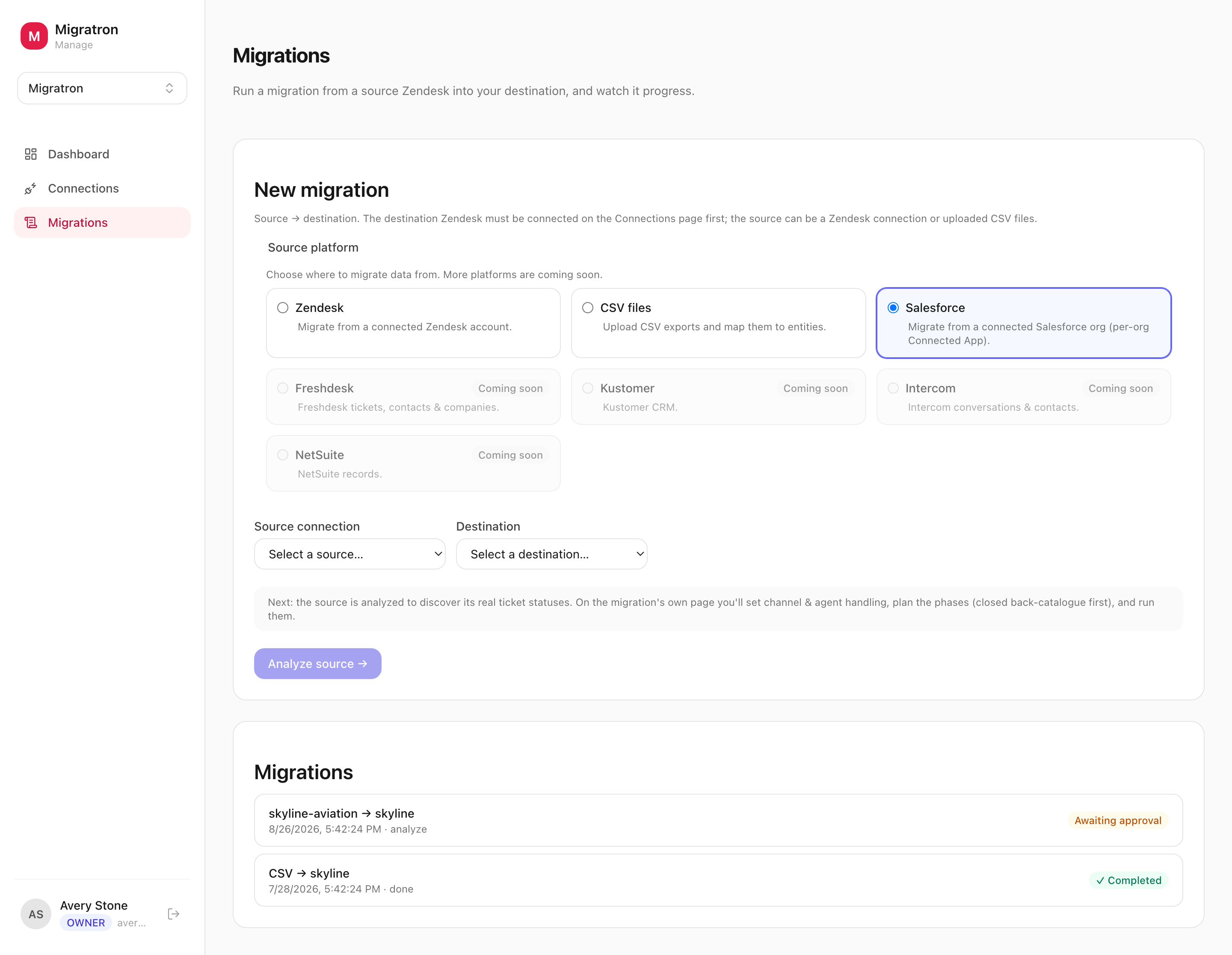 The Migratron migrations list showing jobs and their stages