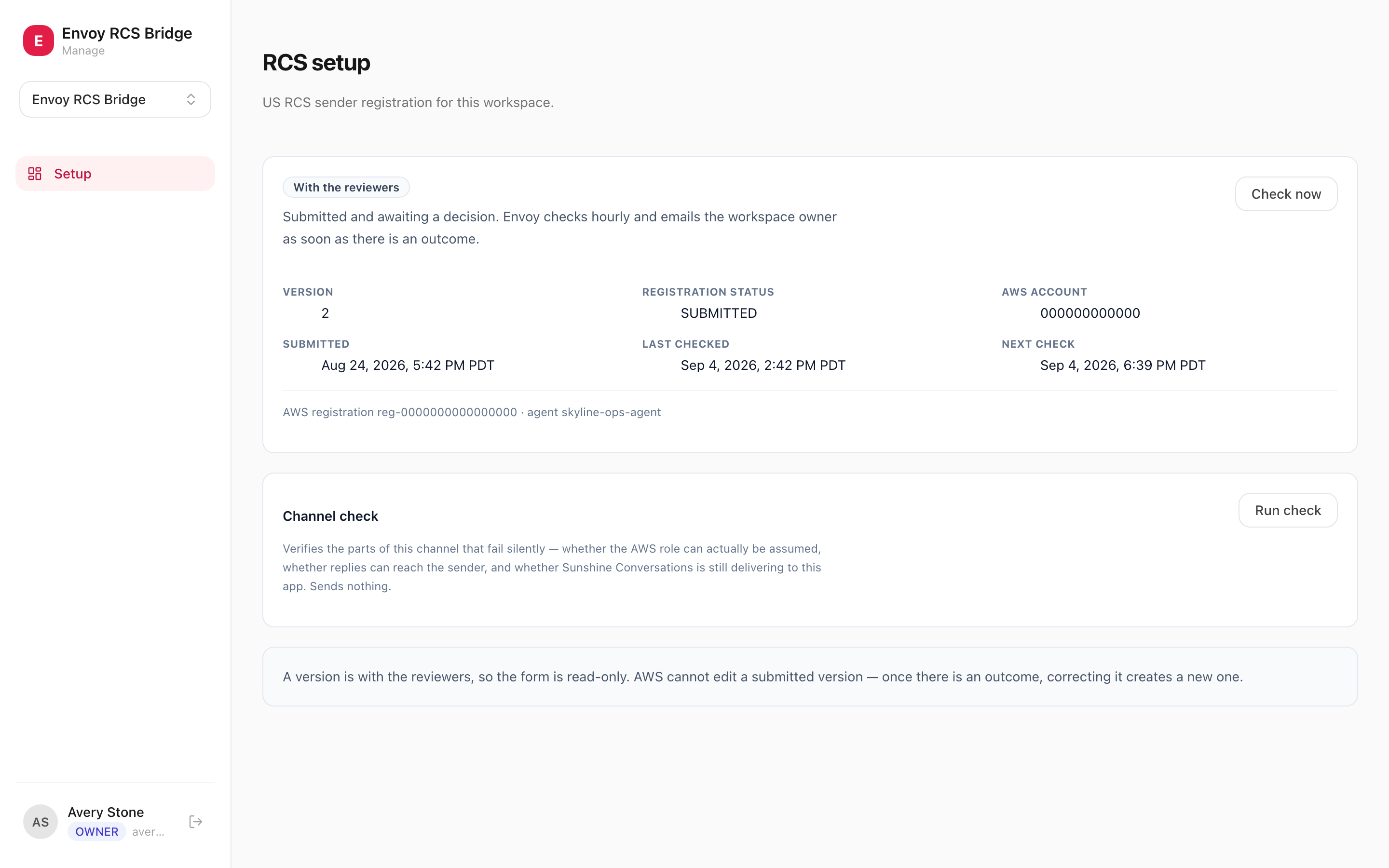 The RCS Bridge setup screen, showing where a sender registration stands